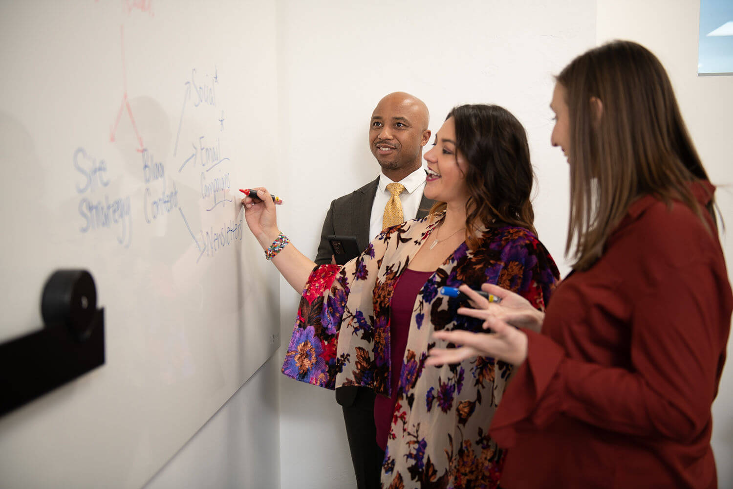 Three people standing at a white board